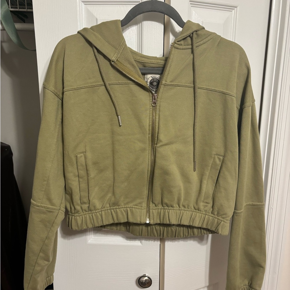Olive Green Zip-Up Cropped Hoodie